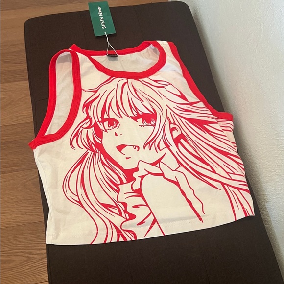 SHEIN Tops - #** 027= Red and White Anime Graphic Crop Top